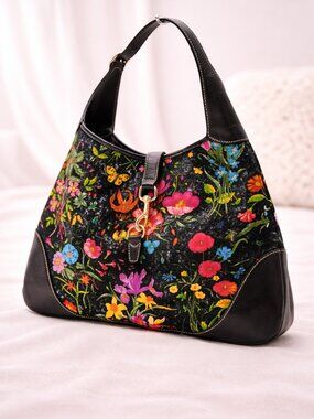 Authentic Gucci Flora Jackie Shoulder Bag Black Floral Print | Vintage Designer